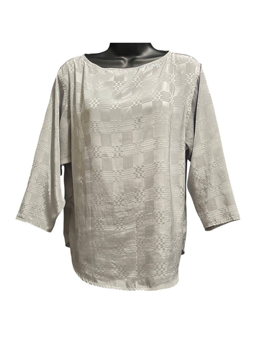 Vintage Alexandria Medium Silver Gray Satin Long Sleeve Blouse w/Block Accents